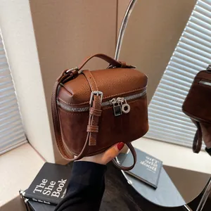 Women Stitched PU Leather Frosted Texture Crossbody Bag Mini Box Square Bag With Top Handle And Adjustable Strap Fashion Urban Minimalist Handbag