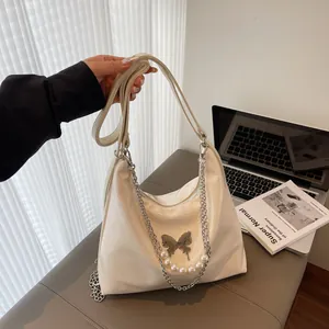 Women Large Capacity PU Leather Tote Bag Fashion Sweet Cool Butterfly Artificial Pearl Chain Shoulder Bag Multifunctional Backpack