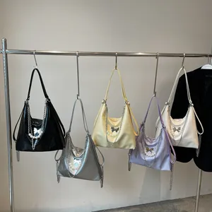 Y2K style hobo tote bags for women with butterfly charms and pearl chains in 5 colors