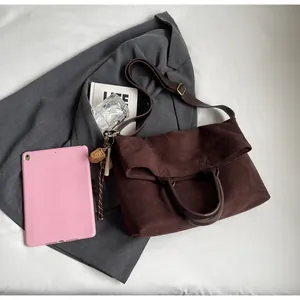 Détail du cabas marron foncé mat avec bandoulière à côté d'un magazine et d'une tablette