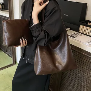 Large capacity dark brown tote bag set with matching pouch in high-quality PU leather