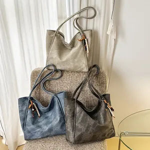Retro marble texture large capacity tote bags with colorful wood bead tassels in three colors