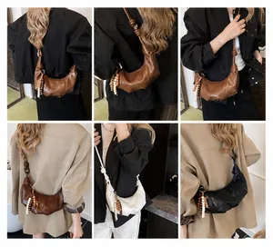 Detailed shots of crescent crossbody bags with wooden beads and knotted strap detail