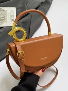 Women Half Moon Saddle Bag PU Leather Metal Handle Shoulder Bag Daily Crossbody Bag Minimalist Handbag Chic Commuting Purse