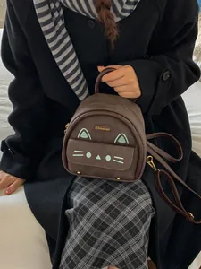 Mini sac à dos léopard avec motif chat mignon et oreilles de chat en cuir brun