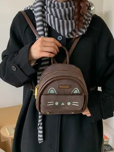 Mini sac à dos rétro en cuir marron avec design chat mignon et poignée supérieure robuste