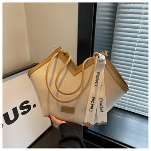Sac Fourre-tout en Toile pour Femmes Grande Capacité Design en V Sac à Main d'Épaule Minimaliste Mode Sac Polyvalent
