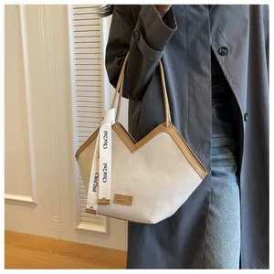 Sac fourre-tout en toile minimaliste avec garniture en cuir brun et ruban pour femmes