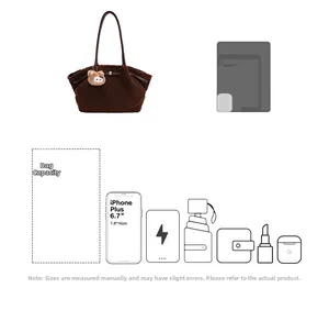Deep brown plush tote bag detail showing large capacity for phone, tablet, and cosmetics