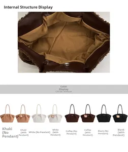 Detailed view of plush tote bag interior with magnetic buckle and multi-color selection