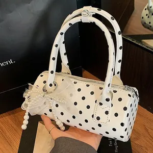 Bolso de Mano de Lunares para Mujer Forma de Cilindro Lazo Dulce Colgante de Perla Bolso de Hombro Cuero PU Brillante