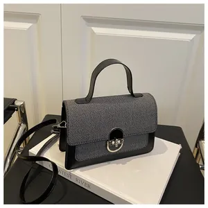 Close-up of contrast-color small square bag with silver horseshoe metal buckle and strap