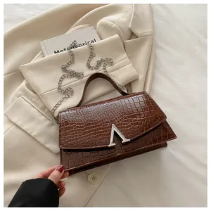Detailed macro view of dark brown crocodile texture leather bag with silver V-shaped buckle