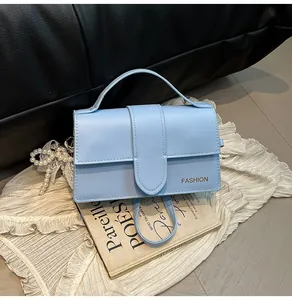 Detail of light blue rectangle handbag with fashion text and pearl lace pendant