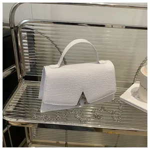 Detail of white crocodile pattern handbag with silver metal buckle and chain strap