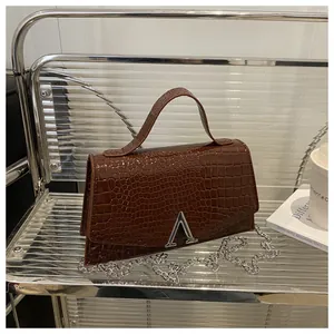 Detail of dark brown crocodile pattern PU leather with silver A-shaped metal magnetic buckle