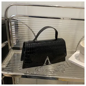 Detail of glossy black crocodile pattern small square handbag with silver metal buckle