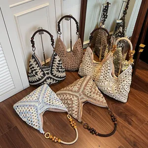 Bohemian Woven Tote Bag For Women Handcrafted Shoulder Bag With Wood Bead Handle Crochet Summer Beach Vacation Handbag