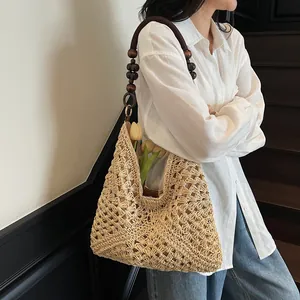 Fashionable woven tote bag with dark brown wooden beads for women's summer casual style