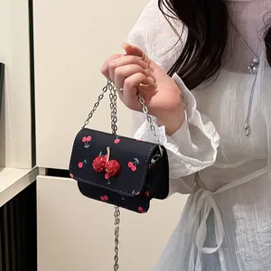 Black cherry print chain crossbody bag with 3D rhinestone cherry emblem for women