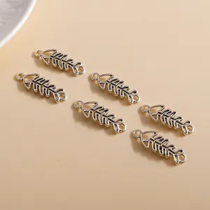 Set of 6 vintage silver hollow fish bone charms for DIY jewelry and crafts making