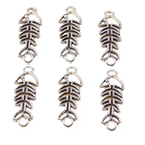 Set of 6 vintage hollow fishbone pendants in antique silver finish for DIY jewelry