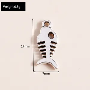 Detailed view of silver fishbone alloy pendant with 17mm height and 0.8g weight specs