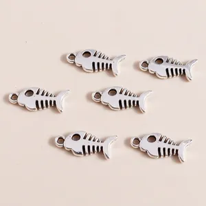 Set of six vintage silver fish bone charms made of plated alloy for DIY jewelry making