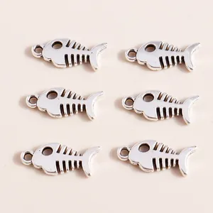 Set of six antique silver fish bone alloy pendants for DIY jewelry making and crafts