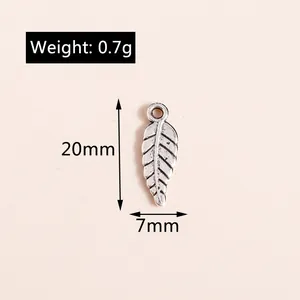 Detailed view of alloy leaf pendant dimensions with measurements 20mm by 7mm and weight