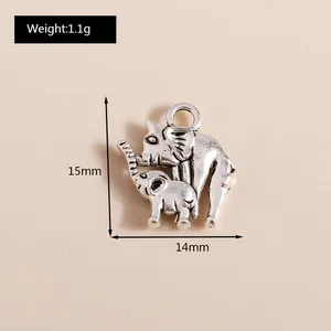 Detailed view of silver-tone elephant mother and child charms with 15x14mm dimensions