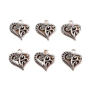 Set of 6 vintage hollow heart pendants in antique silver finish for DIY jewelry
