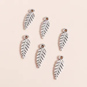 Bulk pack of antique silver feather leaf alloy charms for DIY jewelry making