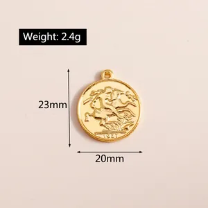 Detail view of a 23mm golden coin pendant with a knight relief and size dimensions