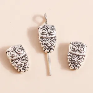 Retro silver owl owl charms for jewelry making with vintage carved metal details