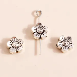 Retro silver plated alloy flower charms for DIY jewelry making with T-pin attachment