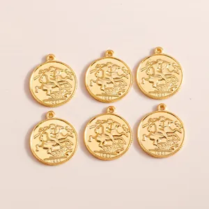 Detailed view of six gold-plated round coin pendants featuring embossed horseman motifs