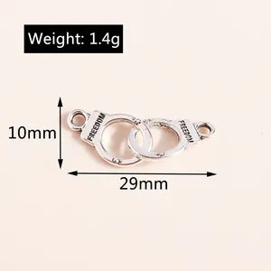 Silver FREEDOM handcuff charms showing 29mm length and 1.4g weight for DIY jewelry
