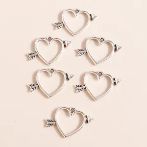 Set of 6 vintage silver Cupid's arrow heart pendants for DIY jewelry making and crafts