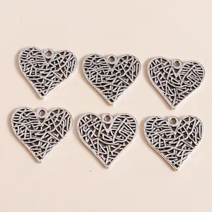 Set of vintage silver heart pendants with hollow woven texture for DIY jewelry making