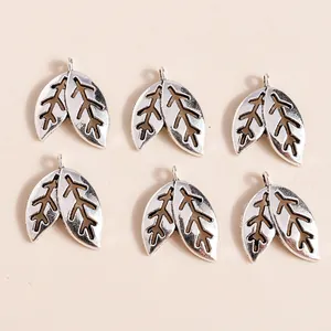 Retro silver alloy double leaf hollow charms for DIY jewelry making pendants