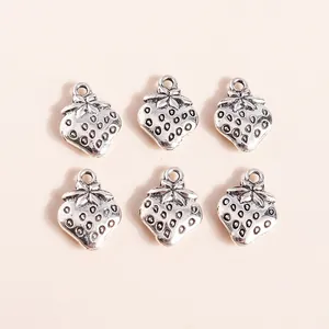 Pack of six strawberry-shaped metal alloy pendants with vintage silver finish and hanging loops