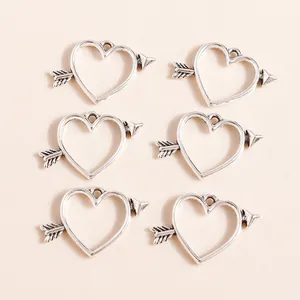 Pack of six vintage silver Cupid's arrow heart charms for DIY jewelry making