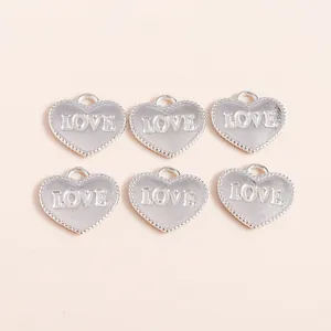 Silver alloy heart-shaped charms with LOVE engraving and beaded edge, 6-piece DIY set