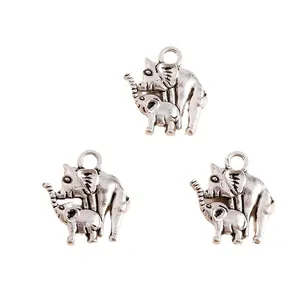 Vintage silver alloy elephant mother and child charms for DIY jewelry making pendants