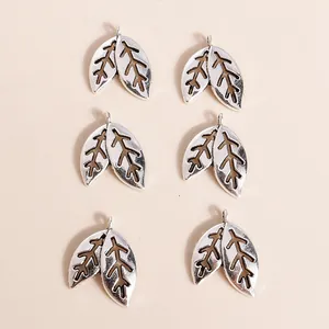 Retro silver alloy double leaf pendants with detailed veins for DIY jewelry making