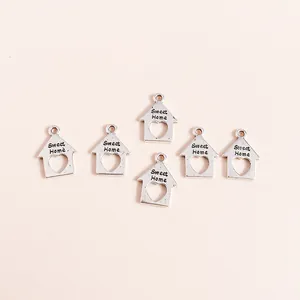 Retro silver plated alloy hollow house charms with Sweet Home engraving for DIY jewelry