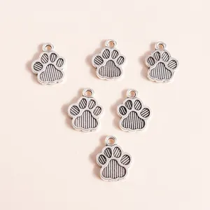 Set of six silver animal paw print alloy charms for DIY jewelry and necklaces