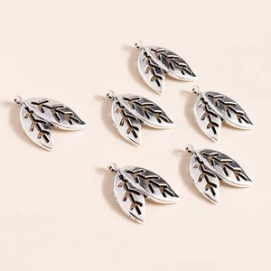 Set of 6 vintage silver leaf pendants with hollow veins and metal loops for DIY jewelry