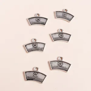 Retro silver alloy nurse hat charms with embossed cross and top ring for DIY jewelry making
